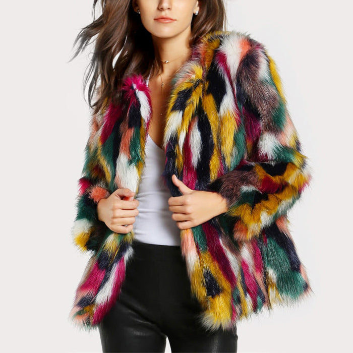 Manteau ouvert pour femme en fausse fourrure multicolore