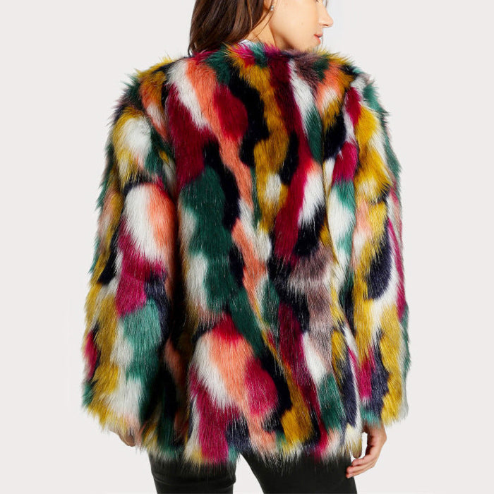 Manteau ouvert pour femme en fausse fourrure multicolore