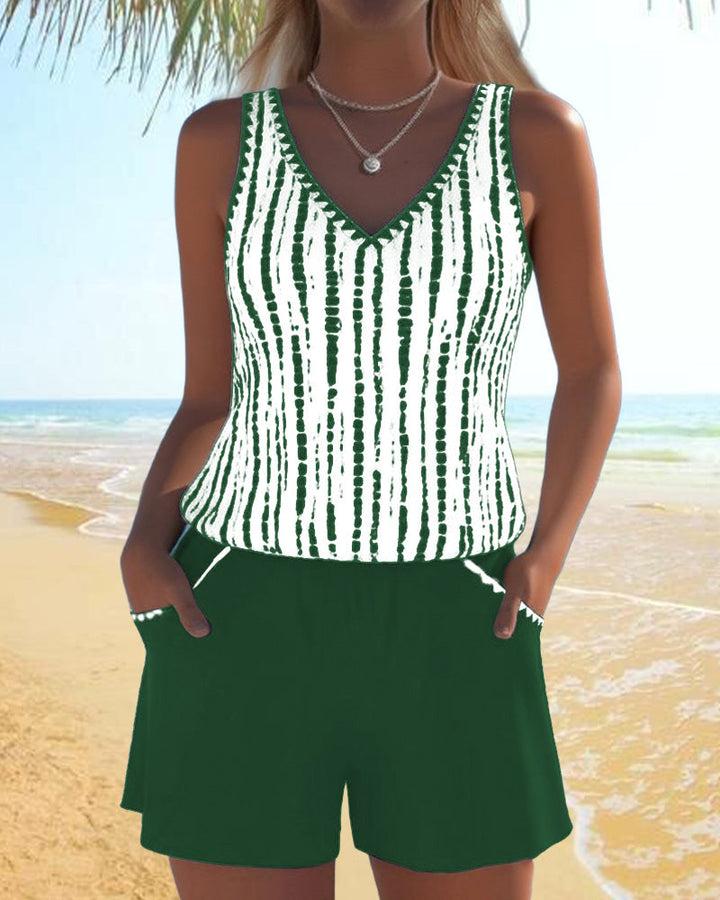 Mia | Women's Casual Two-Piece Printed V-Neck Swimsuit with Pockets-MODAUTLET
