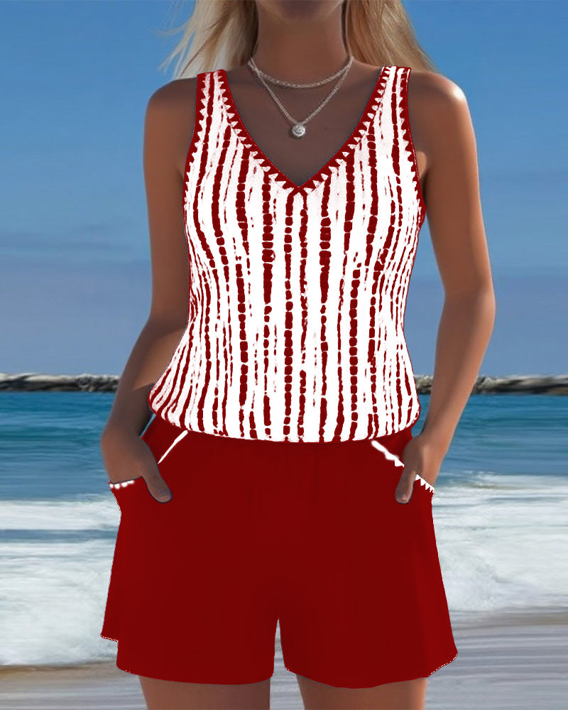 Mia | Women's Casual Two-Piece Printed V-Neck Swimsuit with Pockets-MODAUTLET