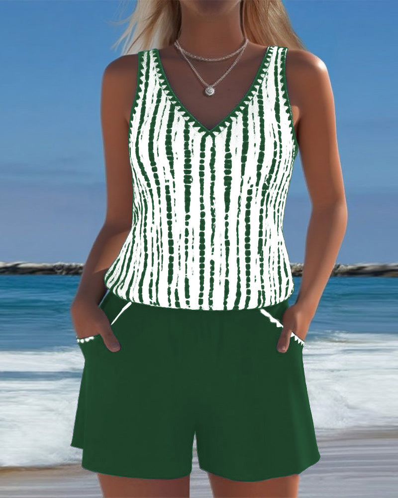 Mia | Women's Casual Two-Piece Printed V-Neck Swimsuit with Pockets-MODAUTLET