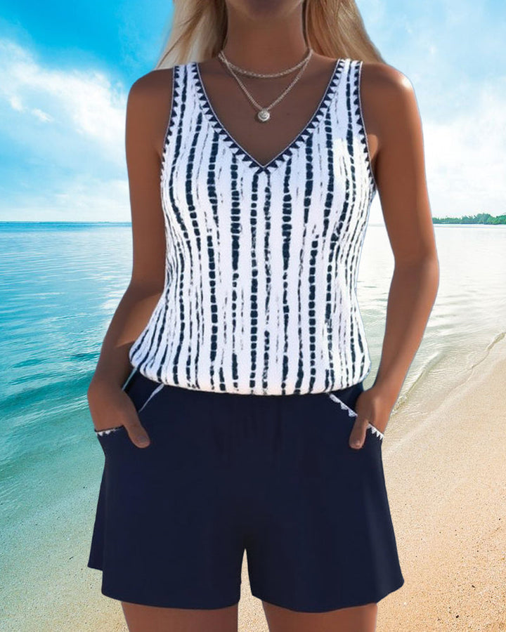 Mia | Women's Casual Two-Piece Printed V-Neck Swimsuit with Pockets-MODAUTLET