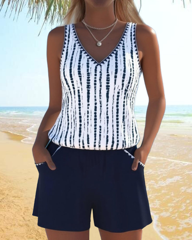 Mia | Women's Casual Two-Piece Printed V-Neck Swimsuit with Pockets-MODAUTLET