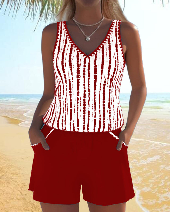 Mia | Women's Casual Two-Piece Printed V-Neck Swimsuit with Pockets-MODAUTLET