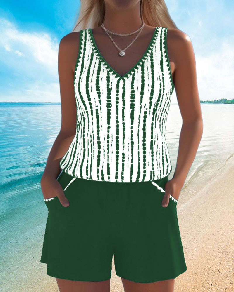 Mia | Women's Casual Two-Piece Printed V-Neck Swimsuit with Pockets-MODAUTLET