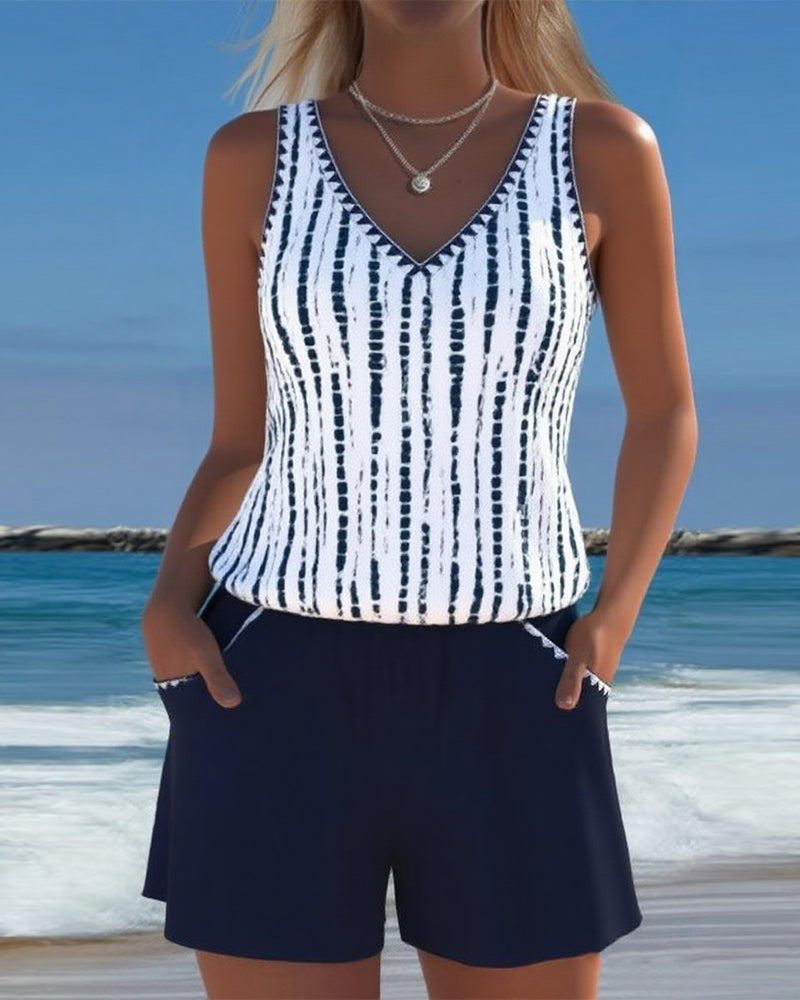 Mia | Women's Casual Two-Piece Printed V-Neck Swimsuit with Pockets-MODAUTLET