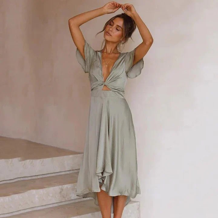 Mia | Women's Satin V-Neck Flutter-Sleeve Midi Dress Olive