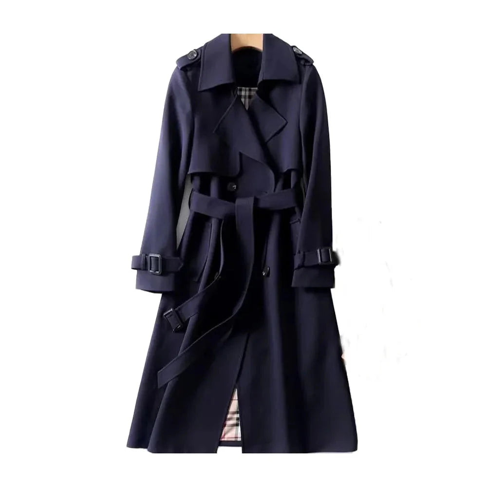Women's Longline Double-Breasted Trench Coat Navy Blue