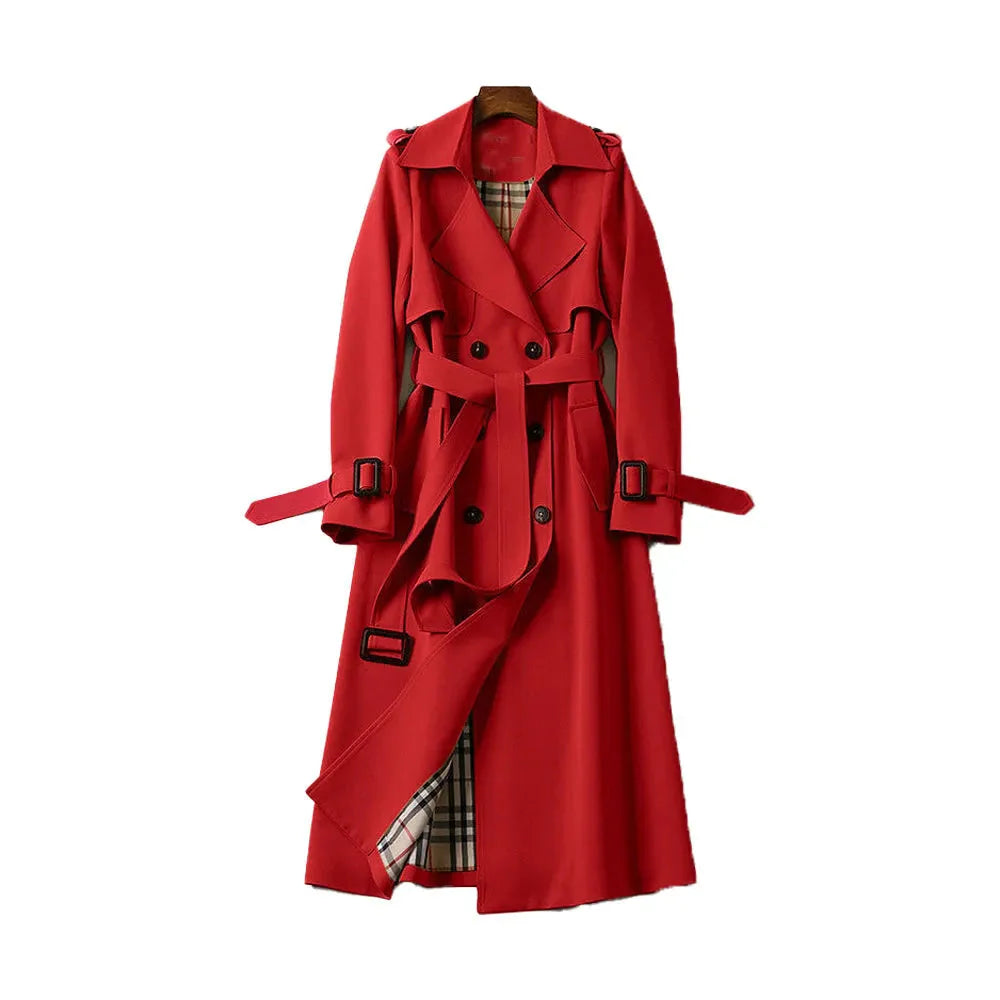 Women's Longline Double-Breasted Trench Coat Red