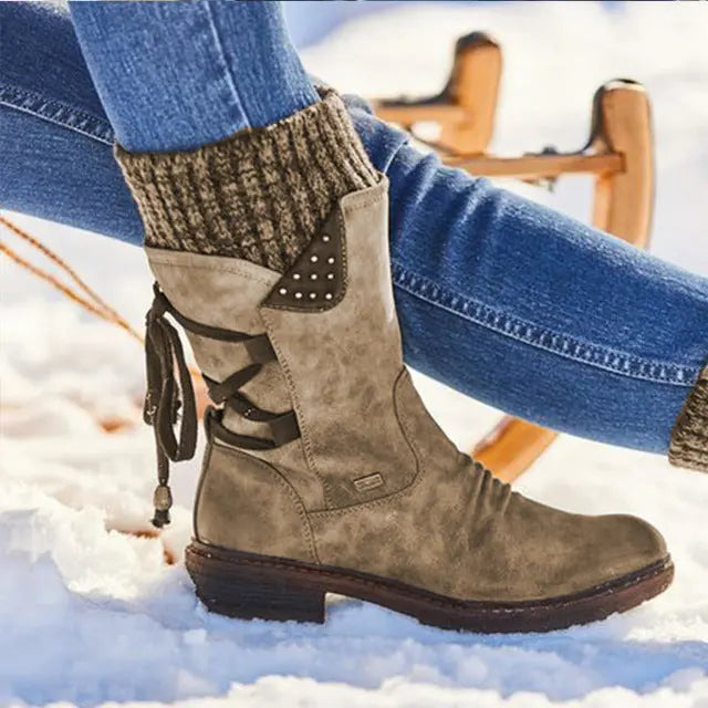 Women's Stylish Mid-Calf Strass-Embellished Boots – Warm & Chic-MODAUTLET
