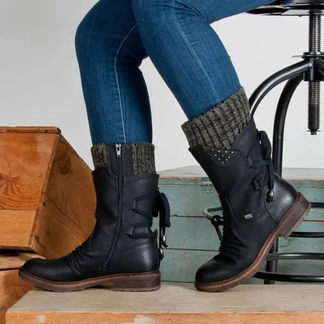 Women's Stylish Mid-Calf Strass-Embellished Boots – Warm & Chic-MODAUTLET