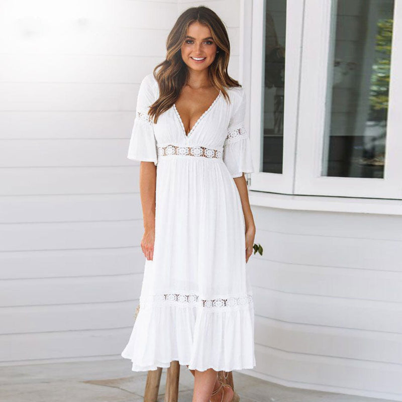 Women's Midi Dress in White-MODAUTLET