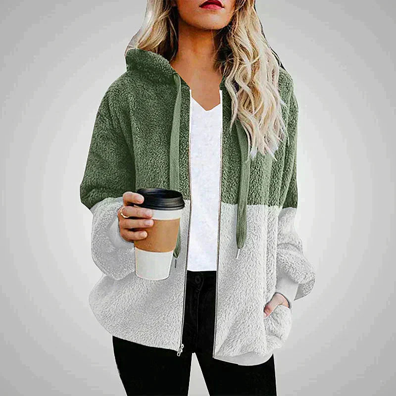 Cozy Plush Patchwork Hoodie For Women Winter Warmth Green