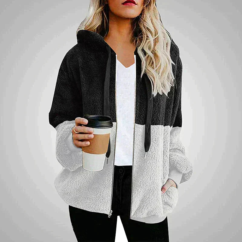 Cozy Plush Patchwork Hoodie For Women Winter Warmth Black