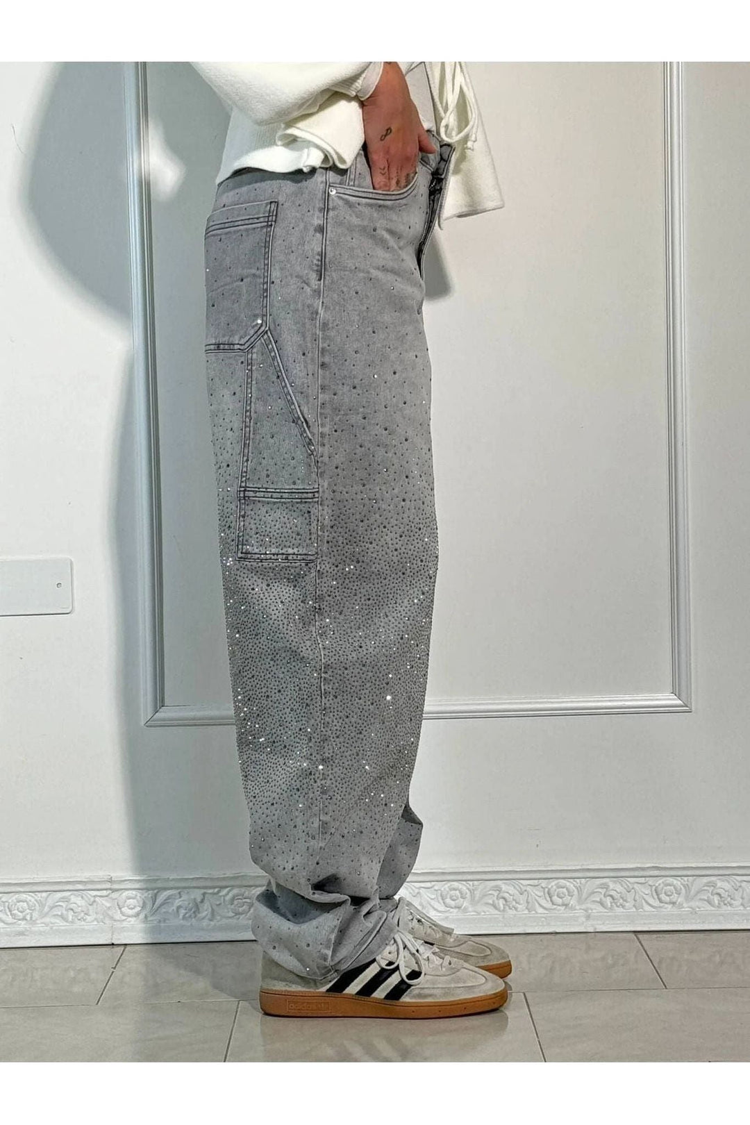 Rhinestone Wide Leg Jeans Sparkling Denim Glam Fashion-MODAUTLET
