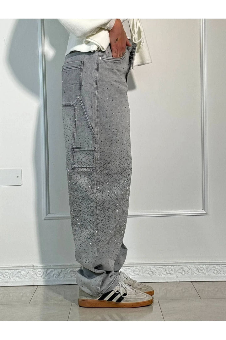 Rhinestone Wide Leg Jeans Sparkling Denim Glam Fashion-MODAUTLET