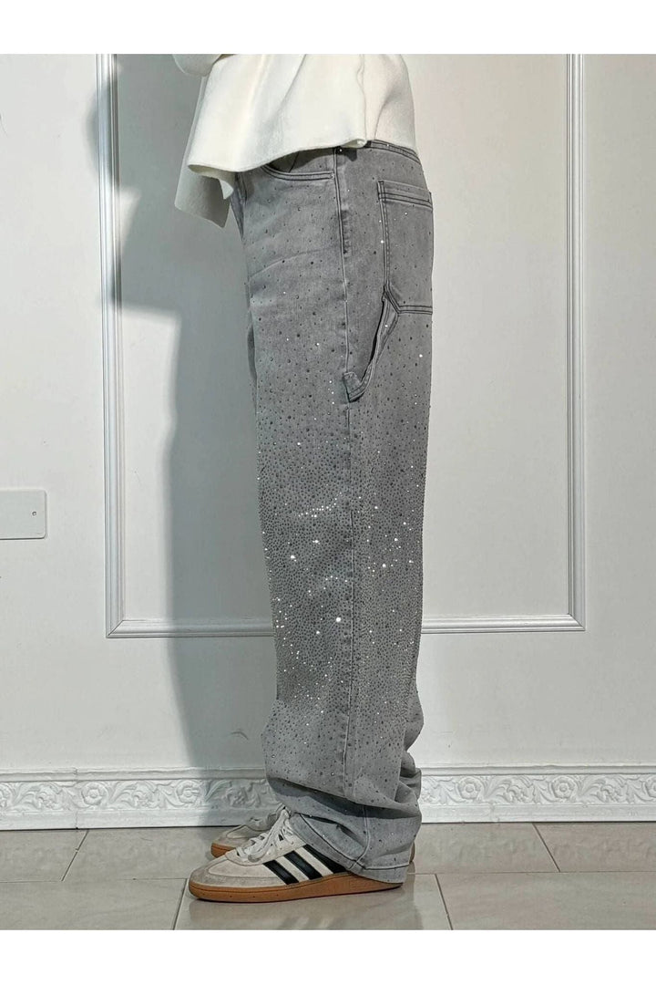 Rhinestone Wide Leg Jeans Sparkling Denim Glam Fashion-MODAUTLET