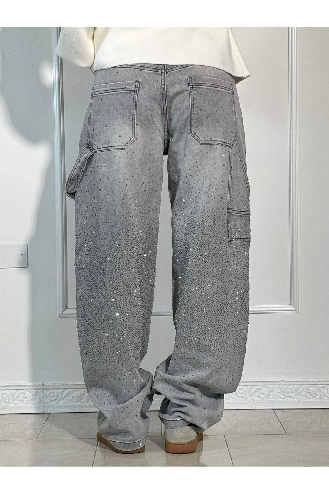 Rhinestone Wide Leg Jeans Sparkling Denim Glam Fashion-MODAUTLET