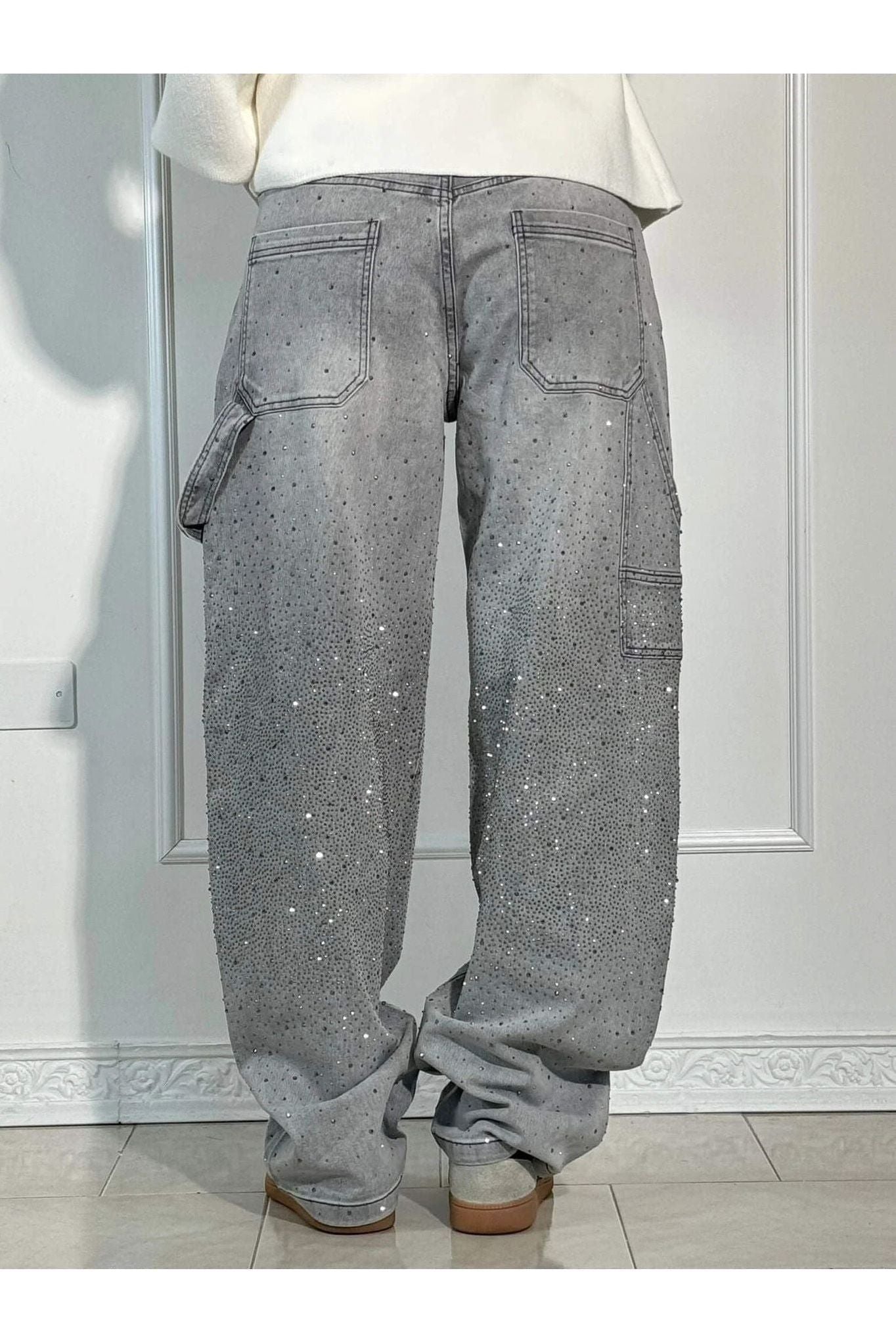 Rhinestone Wide Leg Jeans Sparkling Denim Glam Fashion