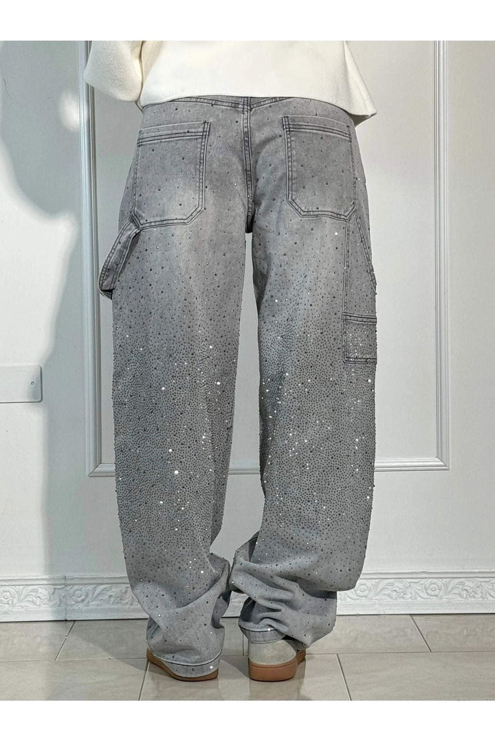 Rhinestone Wide Leg Jeans Sparkling Denim Glam Fashion-MODAUTLET