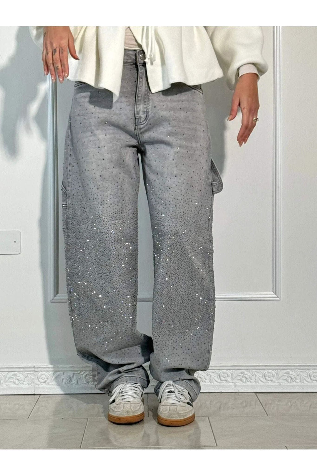 Rhinestone Wide Leg Jeans Sparkling Denim Glam Fashion Grey