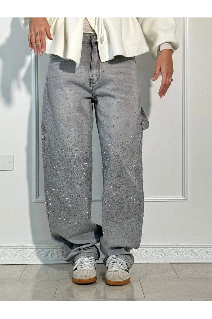 Rhinestone Wide Leg Jeans Sparkling Denim Glam Fashion-MODAUTLET