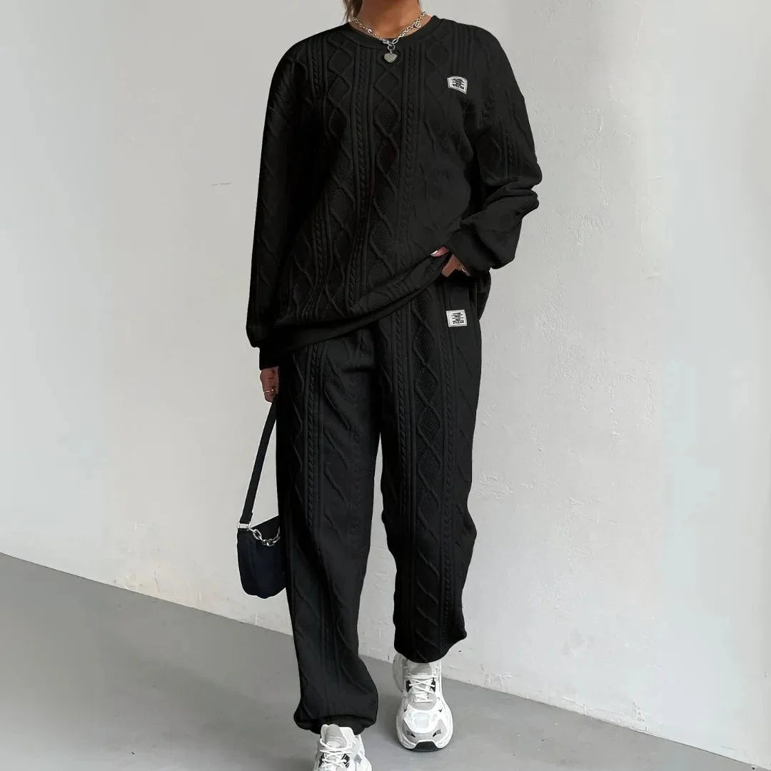 Textured Cable Knit Lounge Set Black