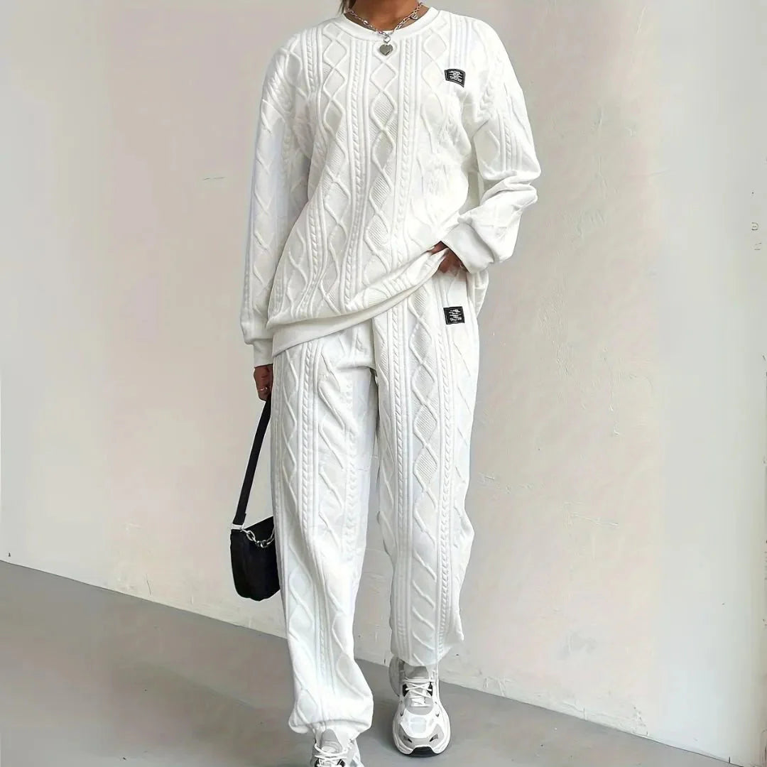 Textured Cable Knit Lounge Set White