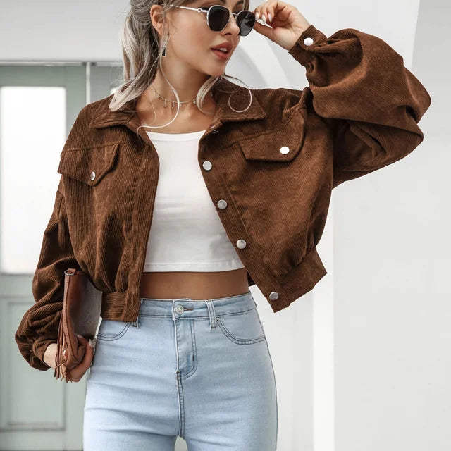 Stylish Corduroy Bomber Jacket for Women Brown