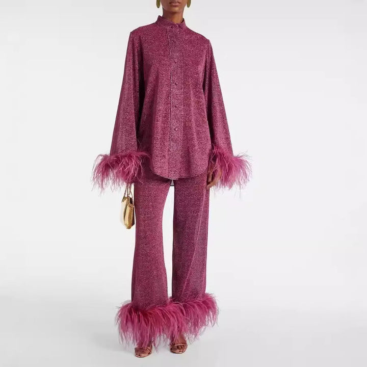 Satin Feather Collar Abaya Two Piece Set With Slip Elegant-MODAUTLET