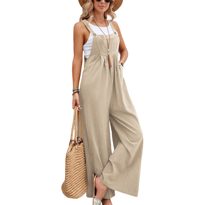 Damen Jumpsuit mit weitem Bein, ärmellos, mit Knopfträgern und Taschen