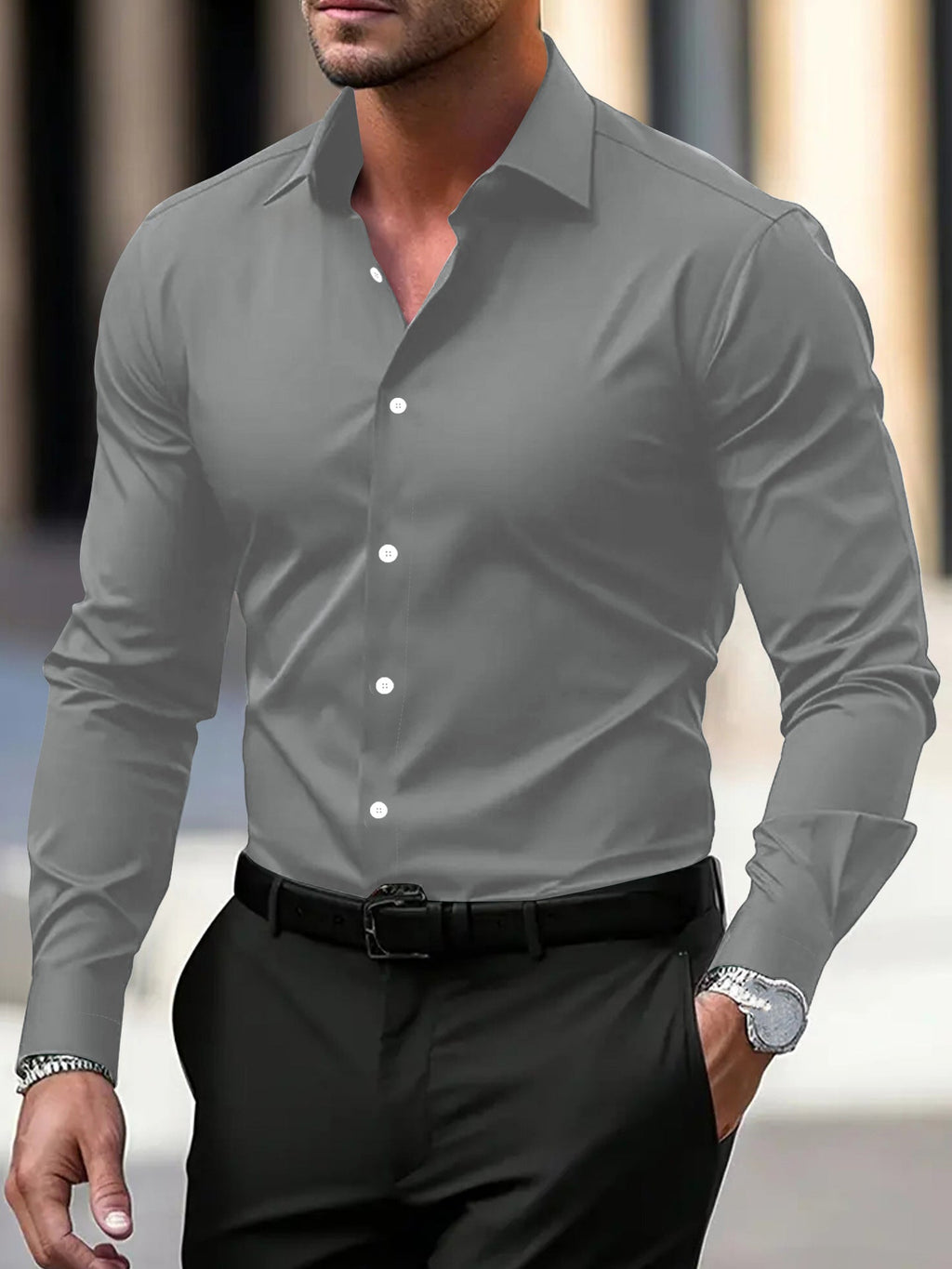 Men's Summer Solid Color Long Sleeve Lapel Shirt