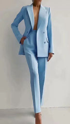Luxury Women's Two Piece Suit Blazer Sky Blue