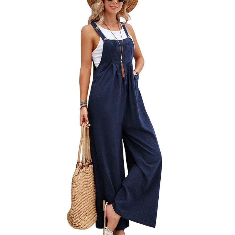 Damen Jumpsuit mit weitem Bein, ärmellos, mit Knopfträgern und Taschen