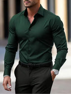 Men's Summer Solid Color Long Sleeve Lapel Shirt Dark Green
