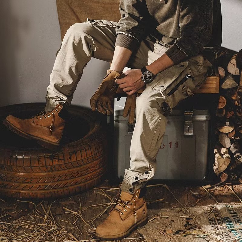 Men's Loose Fit Cargo Pants with Zipper and Snap Closure