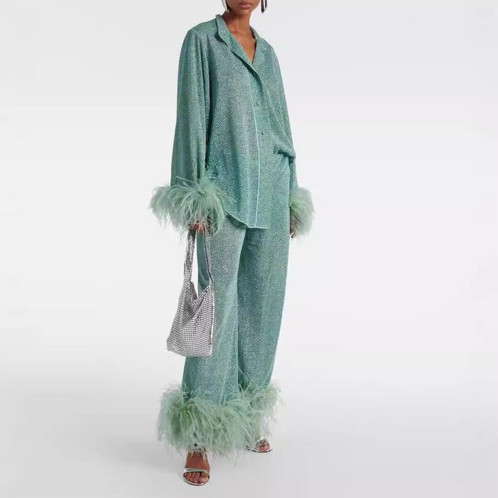 Satin Feather Collar Abaya Two Piece Set With Slip Elegant-MODAUTLET