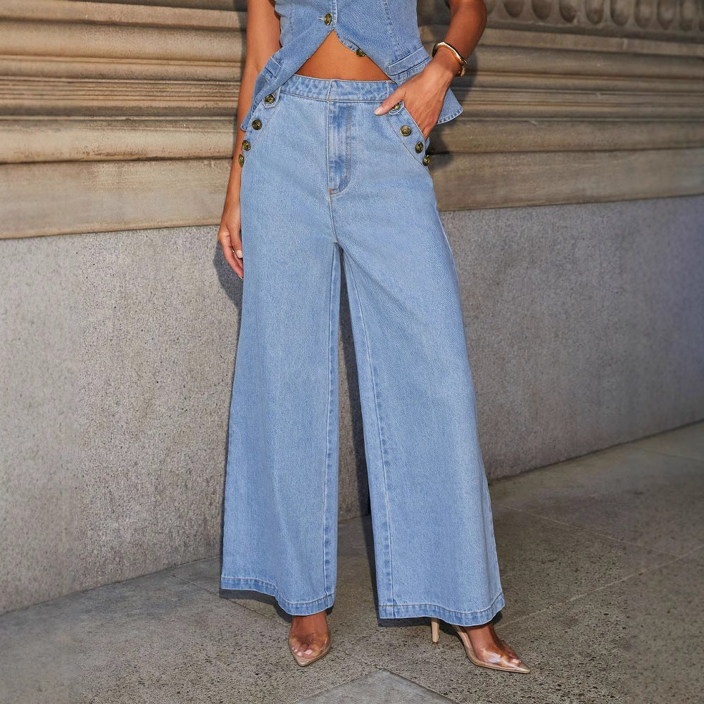 Women’s Denim Vest & Wide‑Leg Trousers Set Blue Jeans