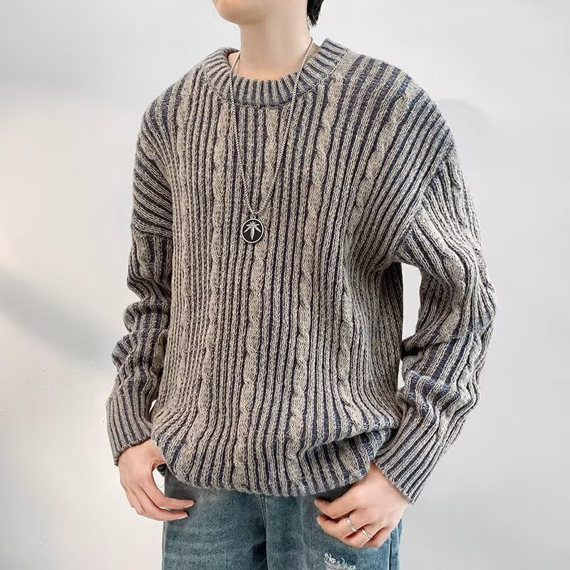 Men's Cable Knit Striped Crewneck Sweater – Cozy Casual Style