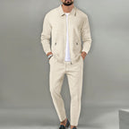Men's Breathable Waffle Knit 2-Piece Set with Zippered Lapel Cardigan and Pants Beige