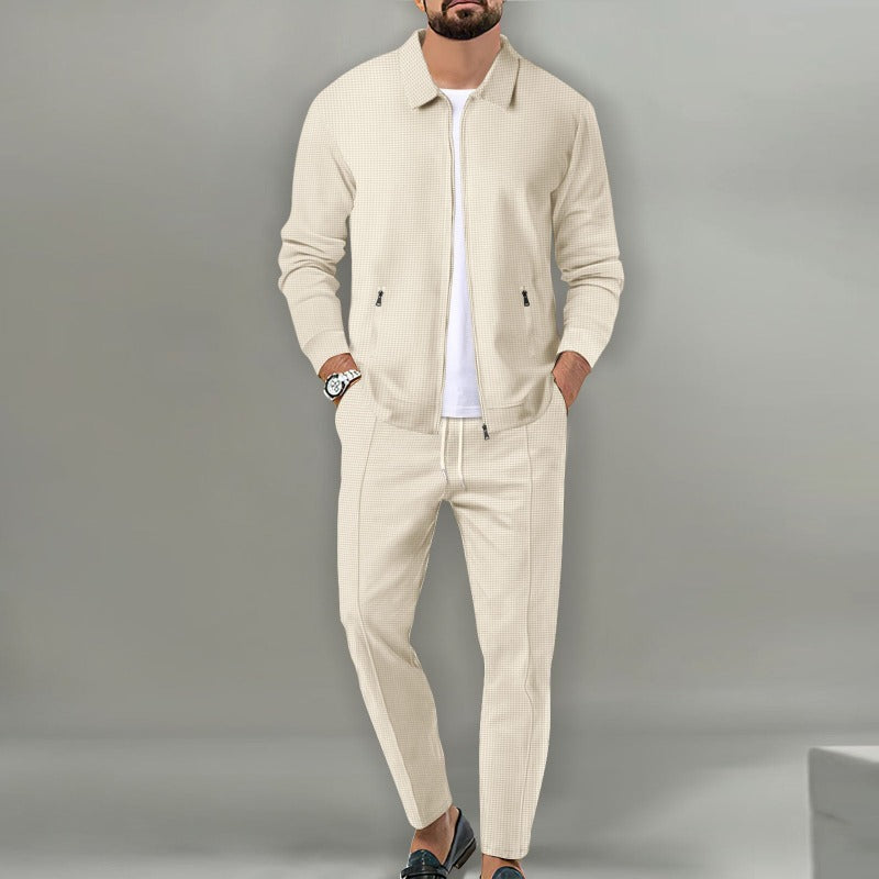 Men's Breathable Waffle Knit 2-Piece Set with Zippered Lapel Cardigan and Pants Beige