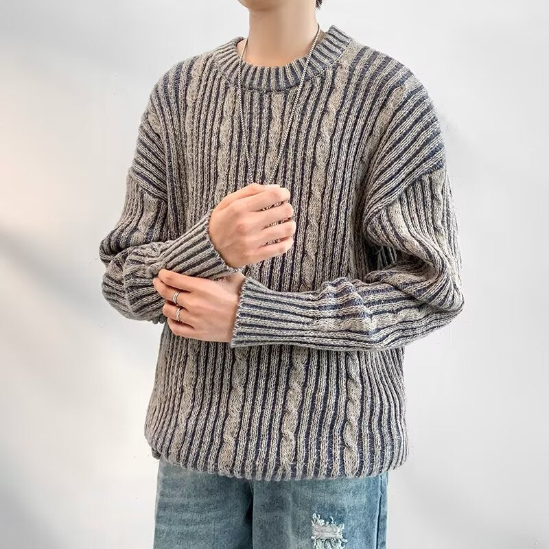 Men's Cable Knit Striped Crewneck Sweater – Cozy Casual Style Dark Gray