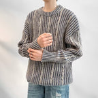 Men's Cable Knit Striped Crewneck Sweater – Cozy Casual Style Dark Gray