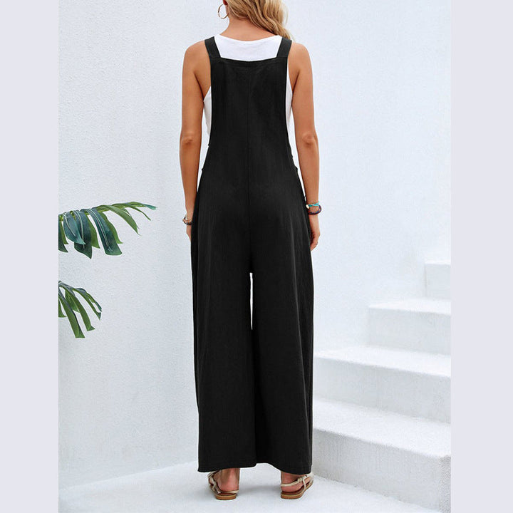 Damen Jumpsuit mit weitem Bein, ärmellos, mit Knopfträgern und Taschen