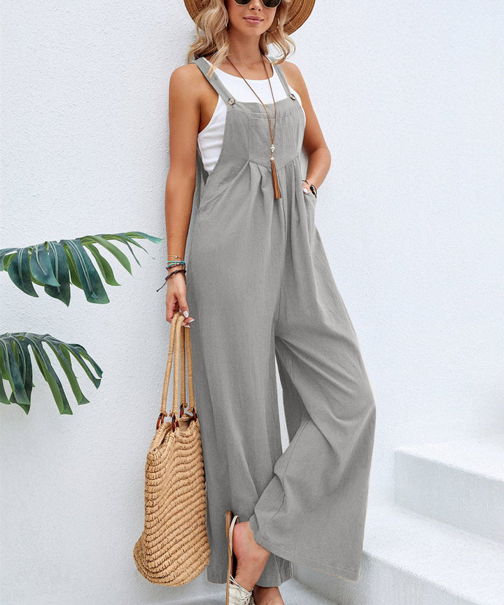 Damen Jumpsuit mit weitem Bein, ärmellos, mit Knopfträgern und Taschen