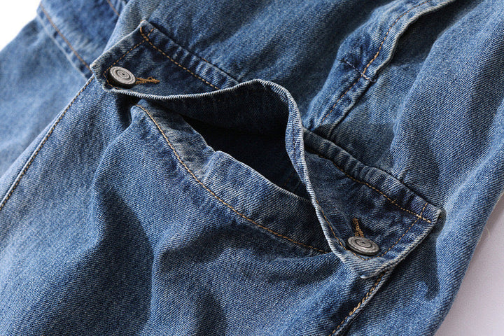 Men's Distressed Denim Multi-Pocket Overalls with Suspenders
