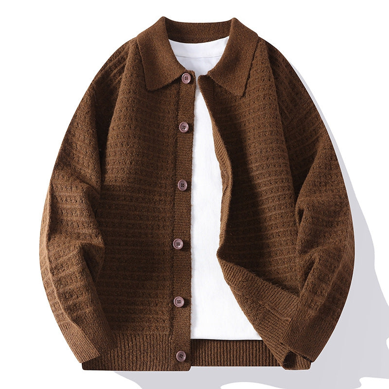 Men's Waffle Knit Cardigan - Cozy and Stylish Layering Piece Brown