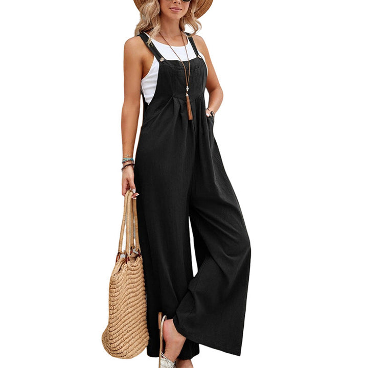 Damen Jumpsuit mit weitem Bein, ärmellos, mit Knopfträgern und Taschen