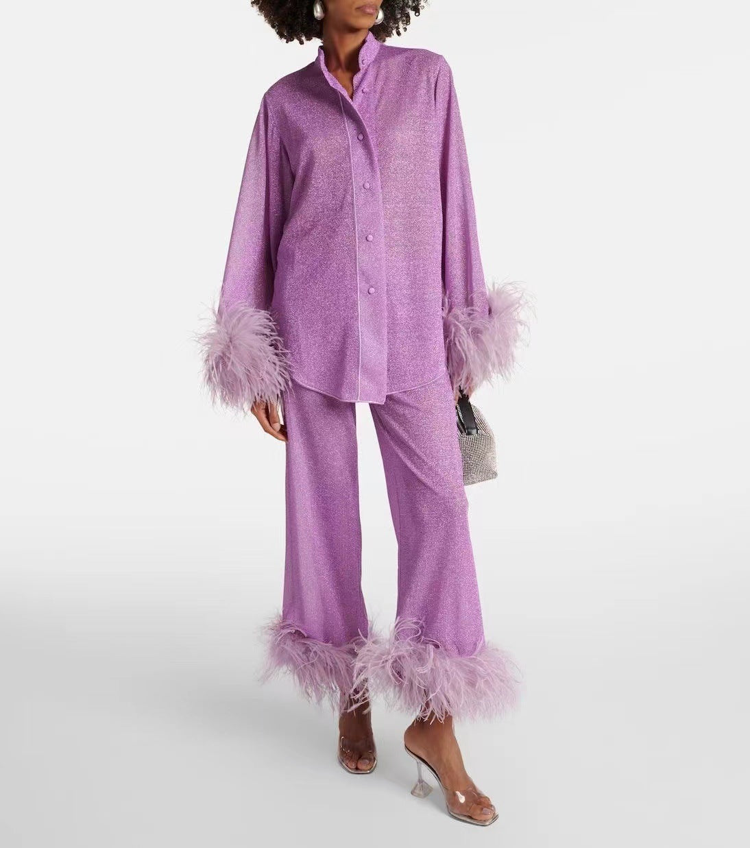 Satin Feather Collar Abaya Two Piece Set With Slip Elegant Purple