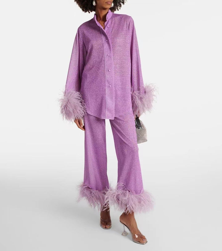 Satin Feather Collar Abaya Two Piece Set With Slip Elegant-MODAUTLET